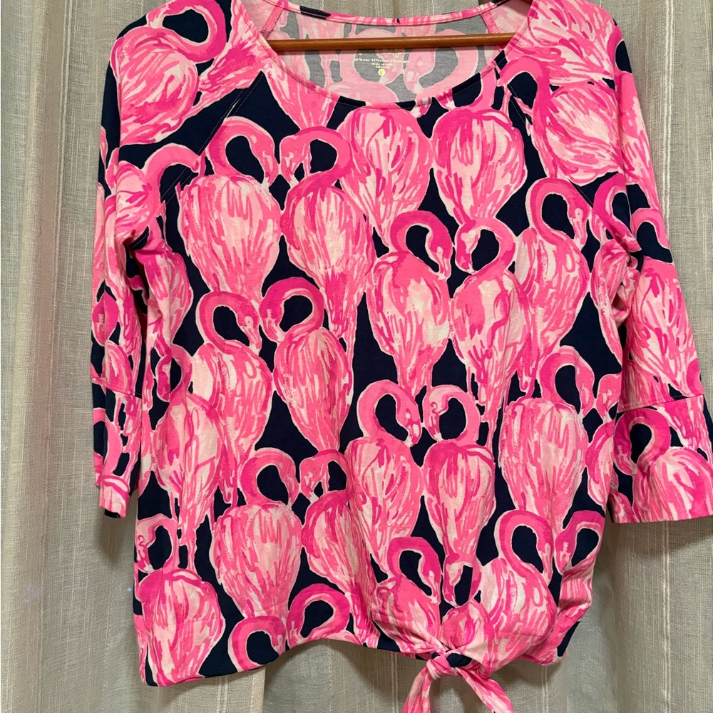 Lilly Pulitzer Pink Flamingo Print Navy Tie-Hem Blouse